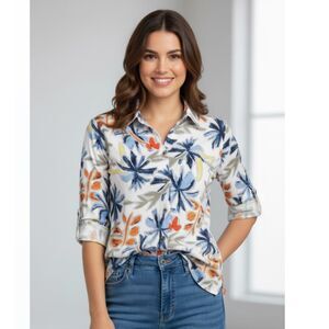 Pure Amici Floral Button Front Blouse Top Shirt NWT Womens Size XS